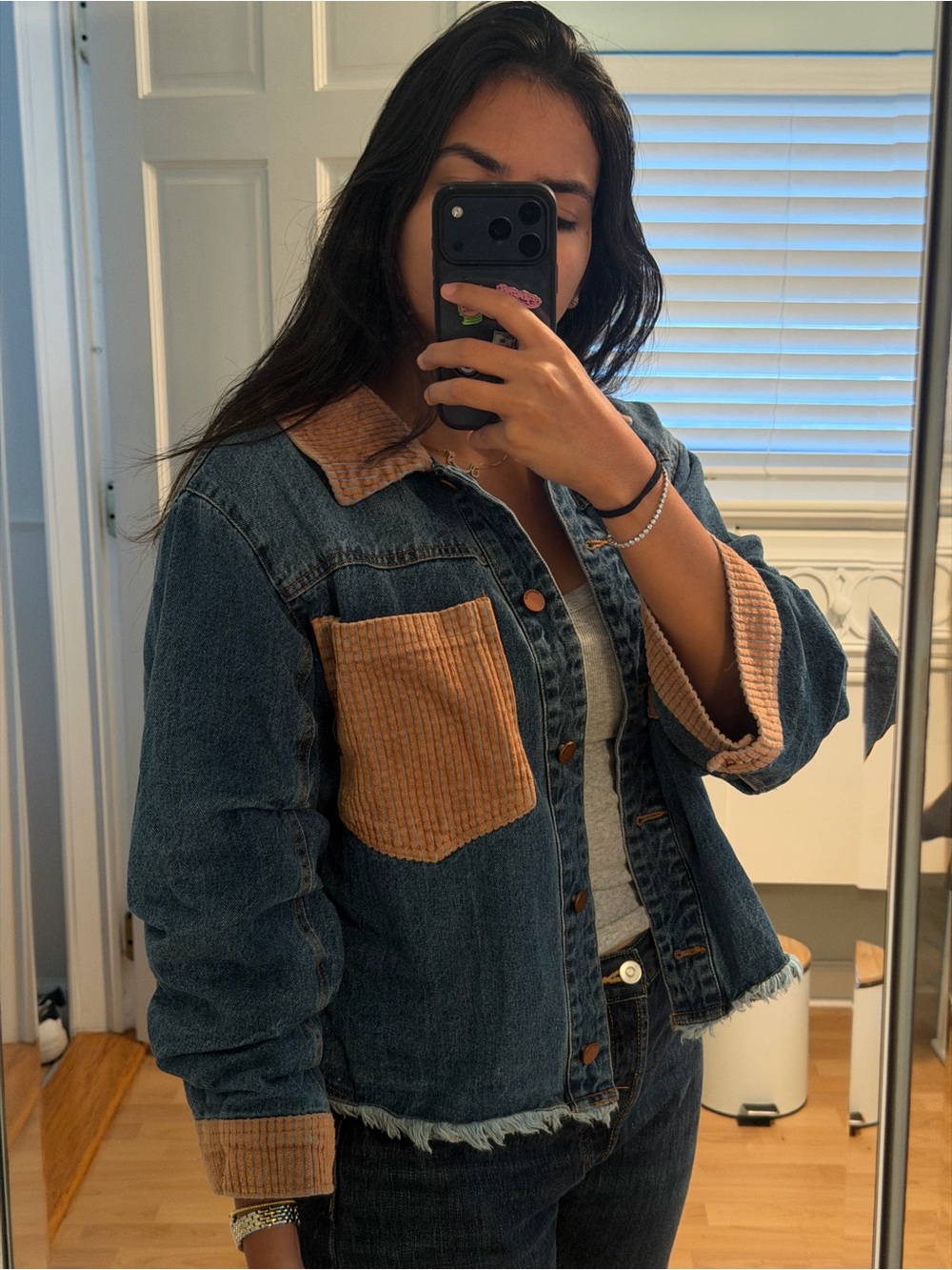 Democracy Blue Denim Jacket with Tan Corduroy Accents - Picture 2 of 6